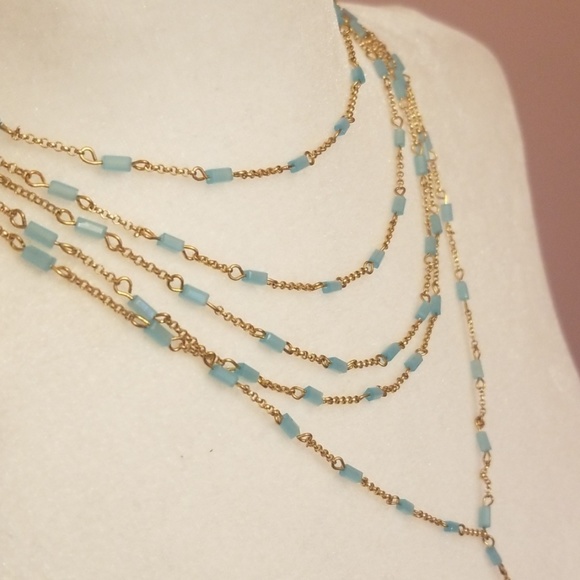 Multistrand blue bead & gold chain necklace - Picture 3 of 4